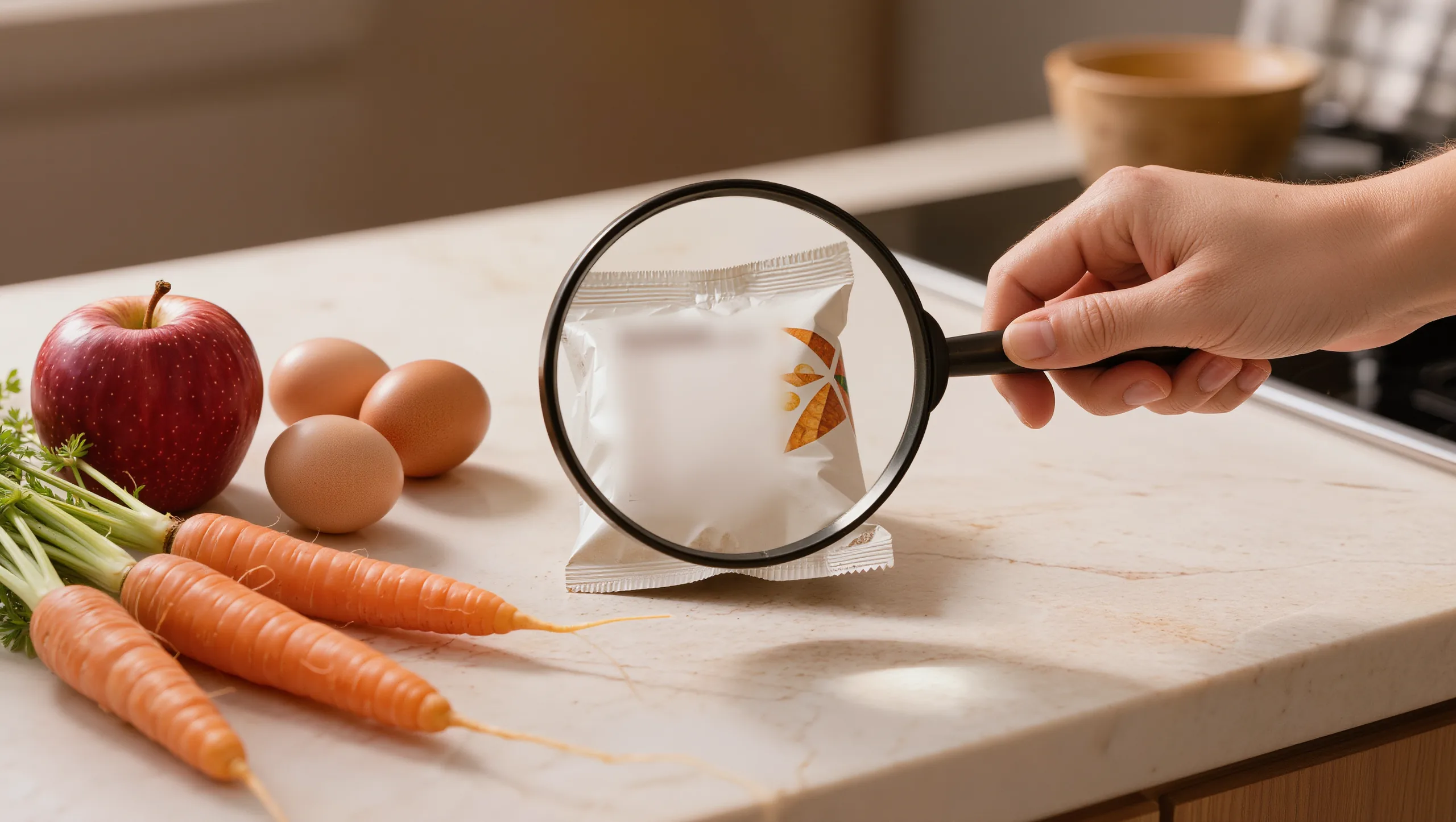 A magnifying glass over a packaged snack on a kitchen counter, next to an apple, eggs and carrots