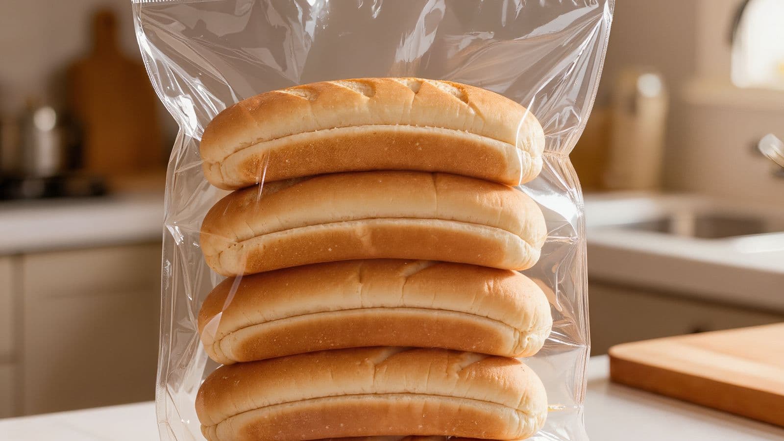 A clear plastic bag of sandwich rolls stacked on a kitchen counter
