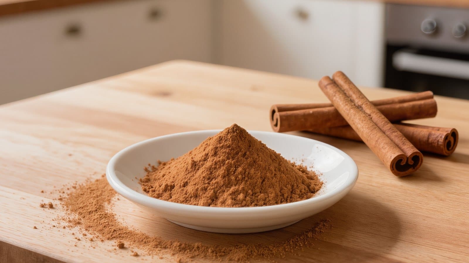 Ground cinnamon in a small white dish on a wooden counter, with cinnamon sticks beside it.